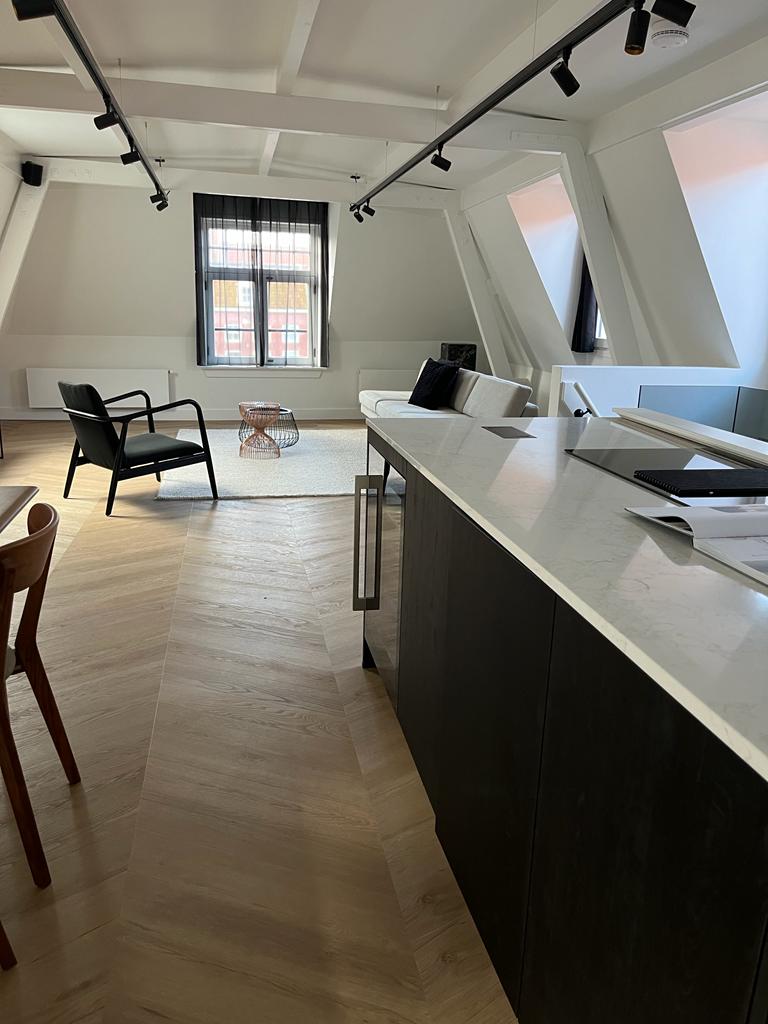 interieur, woonkamer, open keuken, houten vloer, bankenstoel