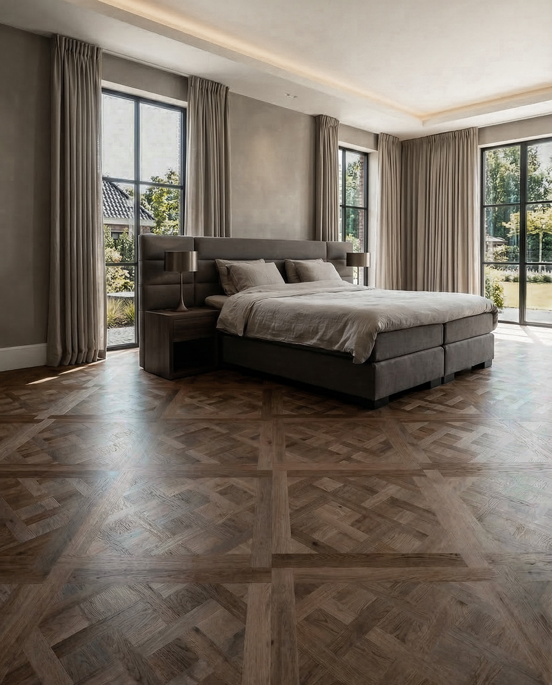 bed, king-size, upholstered, gray, parquet floor