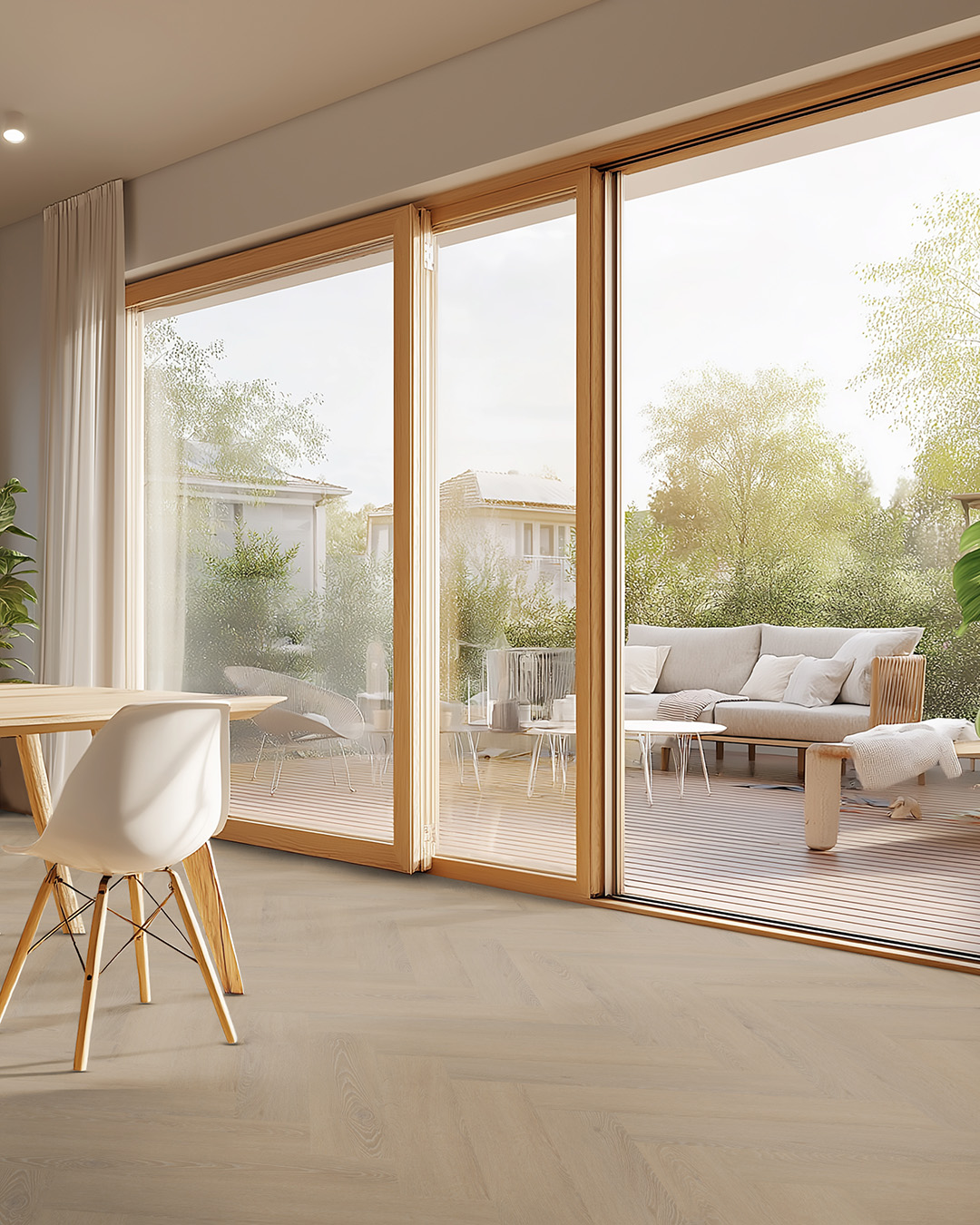 binnendeur, glasdeur, houten frame, woonkamer, tuinpatio