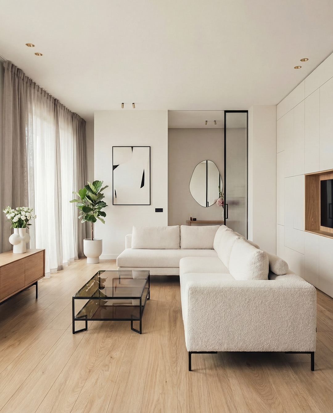 woonkamer, sofa, tweepersoonsbank, witte bank, houten vloer