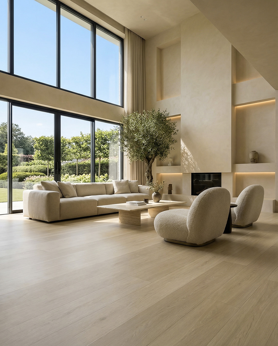 woonkamer, bank, laminaatvloer, groteramen, kunstmatige boom