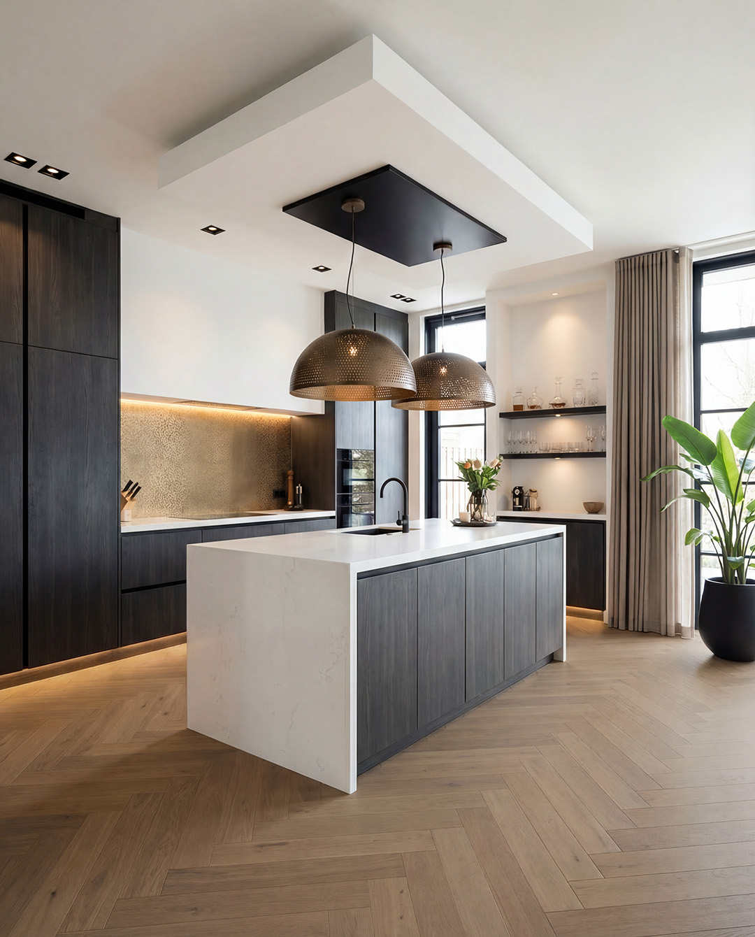 keuken, eiland, kookruimte, houten vloer, pendant verlichting