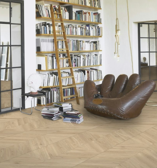boekenplank, boekenwinkel, lounge, leren stoel, houten vloer