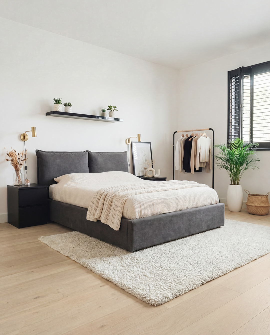 bed, queen bed, grijze bekleding, witte beddengoed, vloerkleed