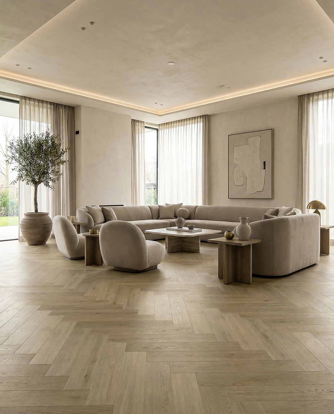 woonkamer, bankstel, houten vloer, planten, kaarsen