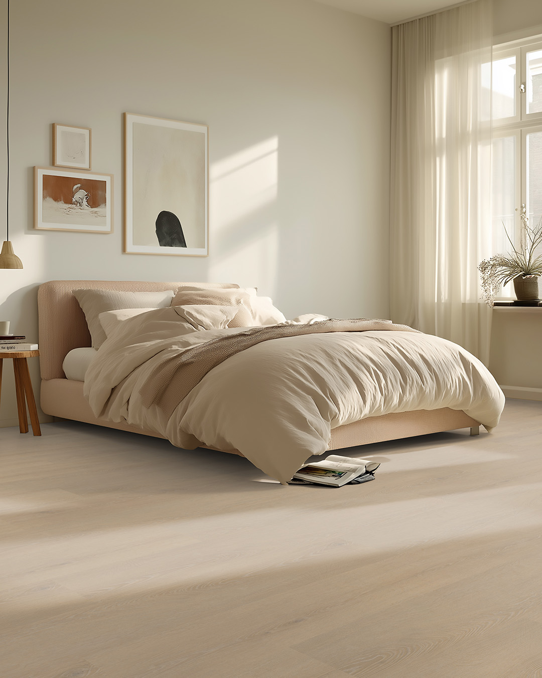 bed, bedroom, beige, duvet, laminated-wood-flooring