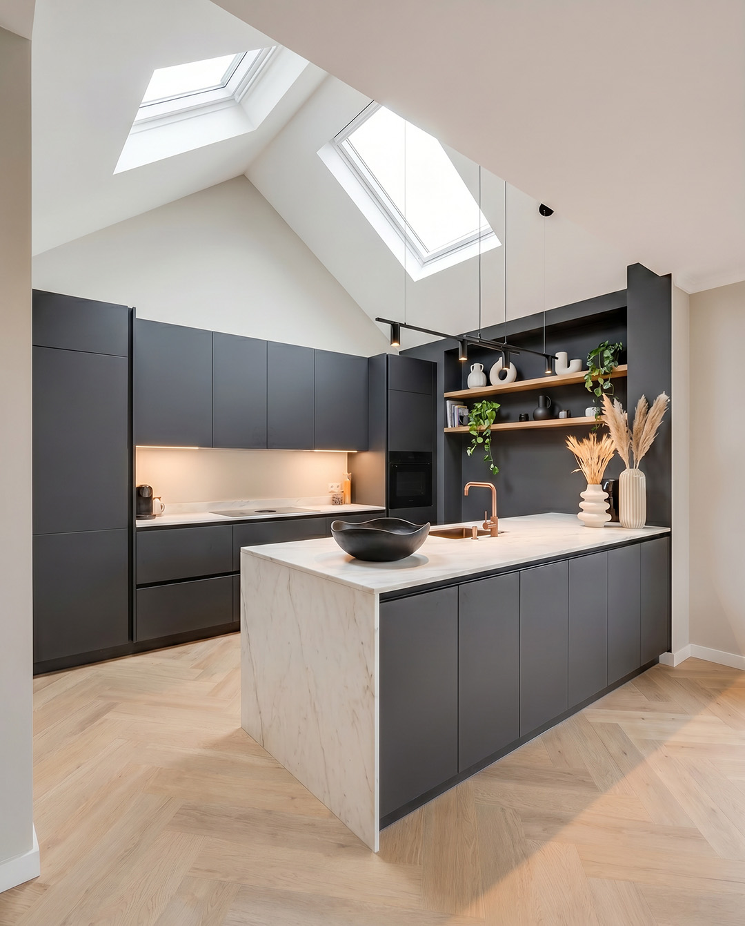 keuken, design, eiland, marmer, natuurhout