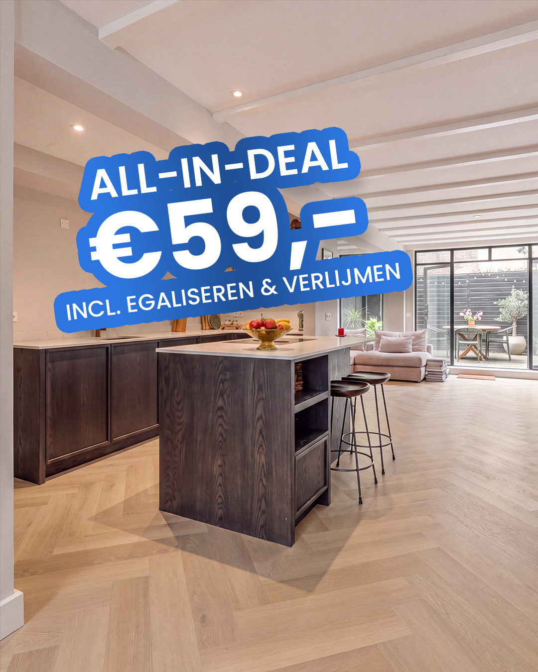 keuken, eethoek, eiland, houtlook, vloeren