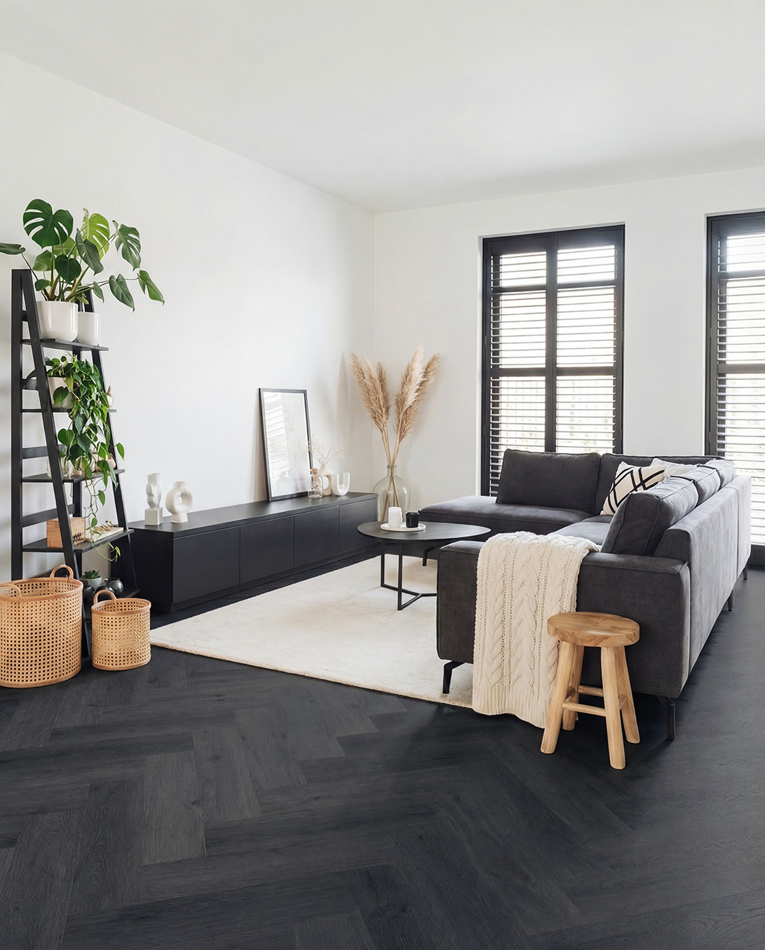 woonkamer, bank, salon, wandmeubel, planten