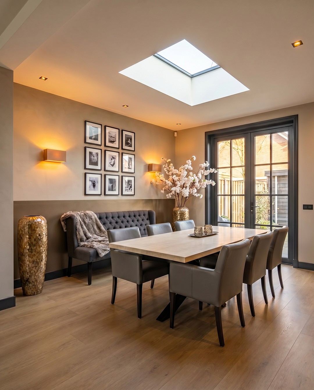 eethoek, tafel, diningset, hanglamp, plafondraam