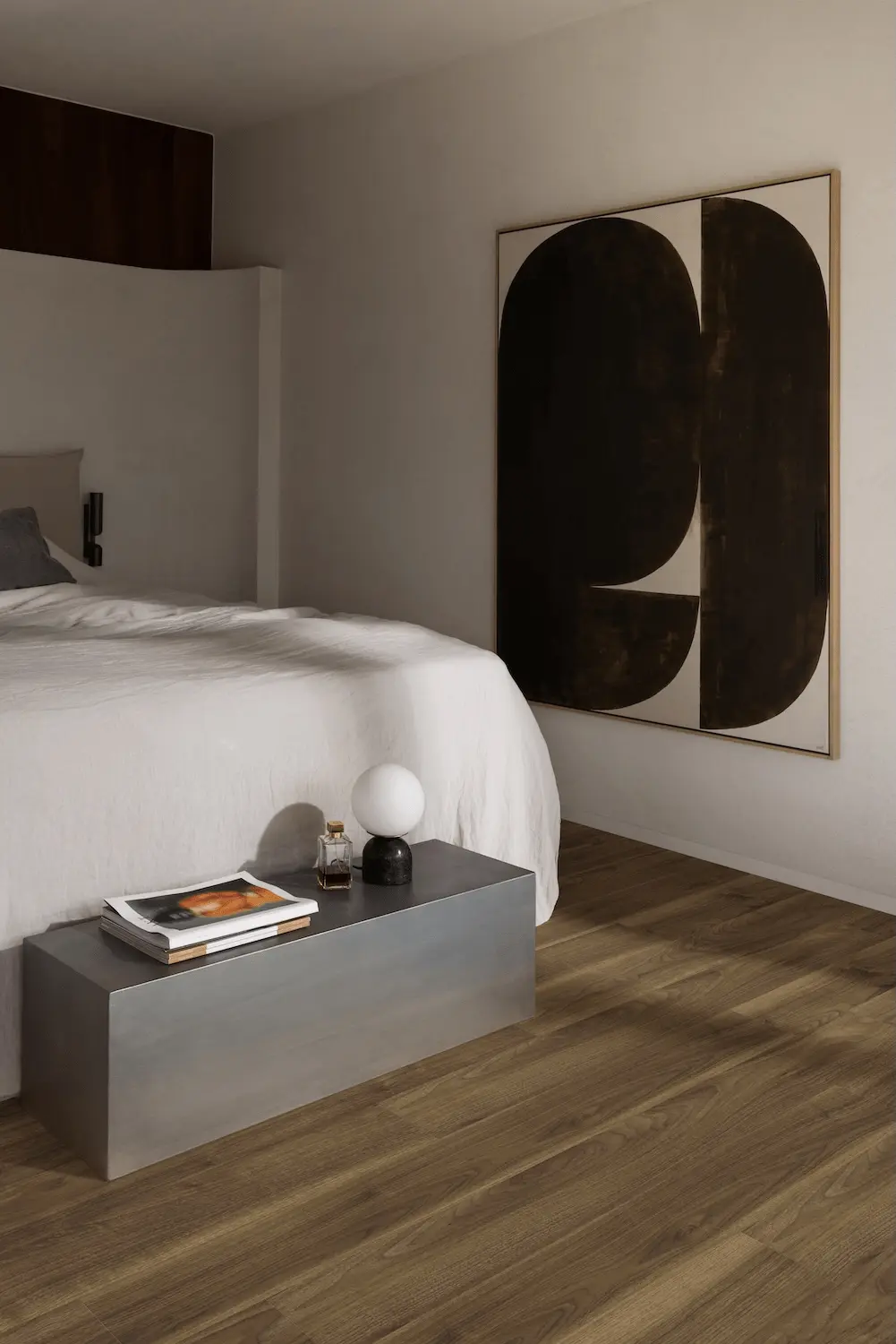 bedroom, nachtkast, lamp, kunstwerk, houtenvloer