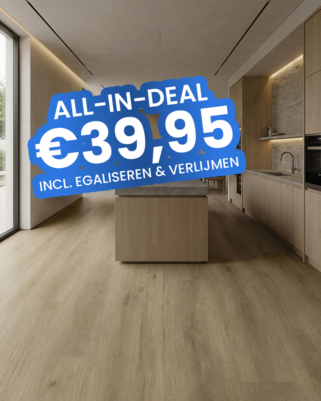 keuken, houten vloer, keukeneiland, inbouwapparatuur, modern interieur