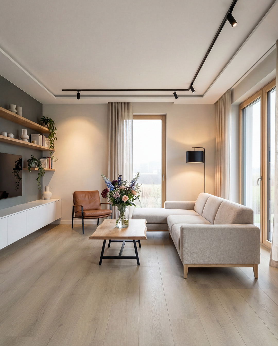 woonkamer, bankstel, salontafel, plafondverlichting, tv-meubel