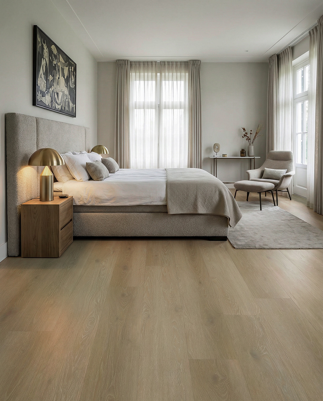  slaapkamer, tweepersoonsbed, kleur beige, vloer houten, ledlamp