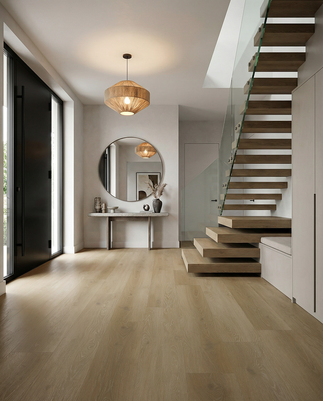 entree, hal, houten vloer, open trap, decoratieve spiegel, wandmeubel