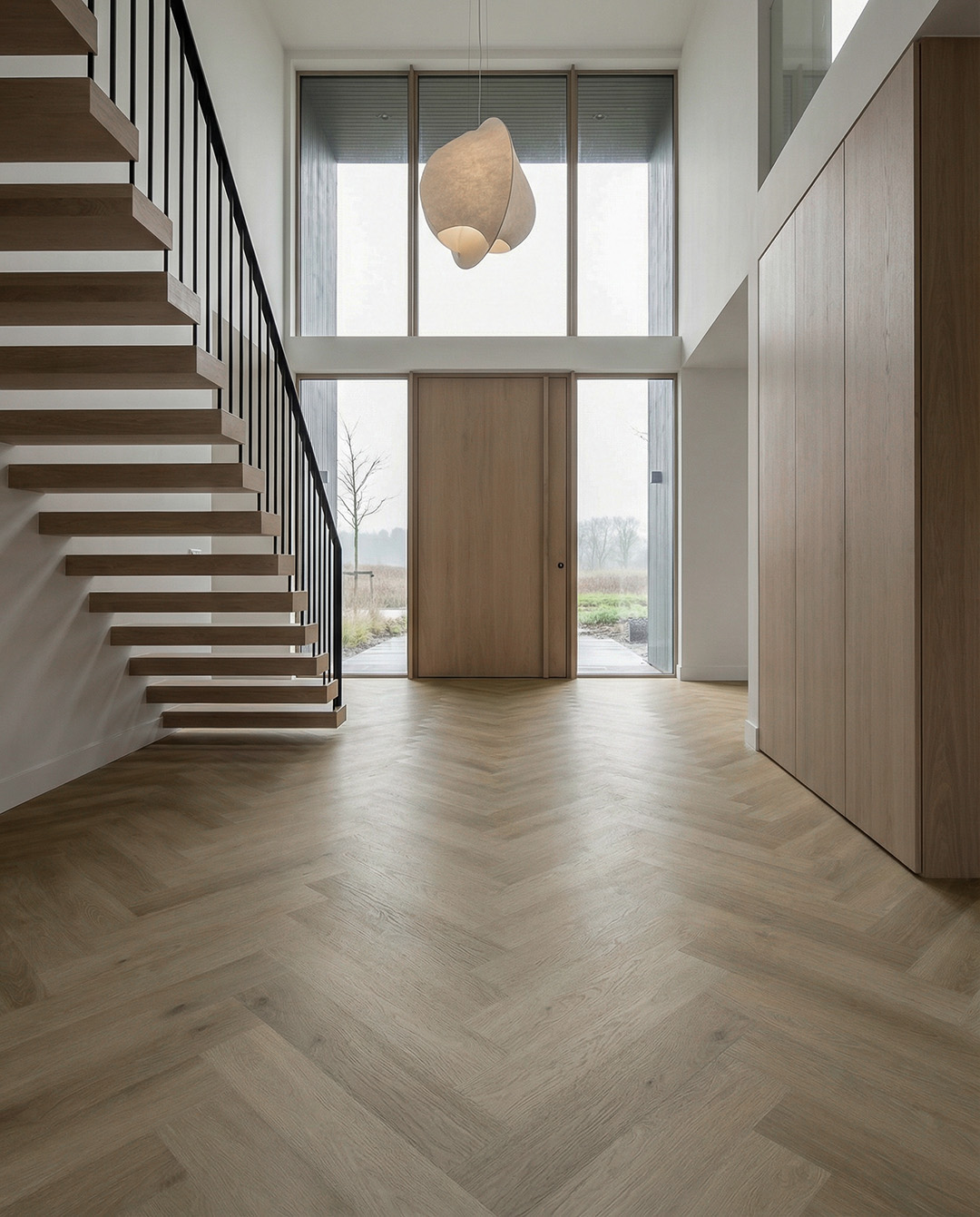 houtenvloer, houten vloer, vlieringtrap, binnenruimte, moderne entree