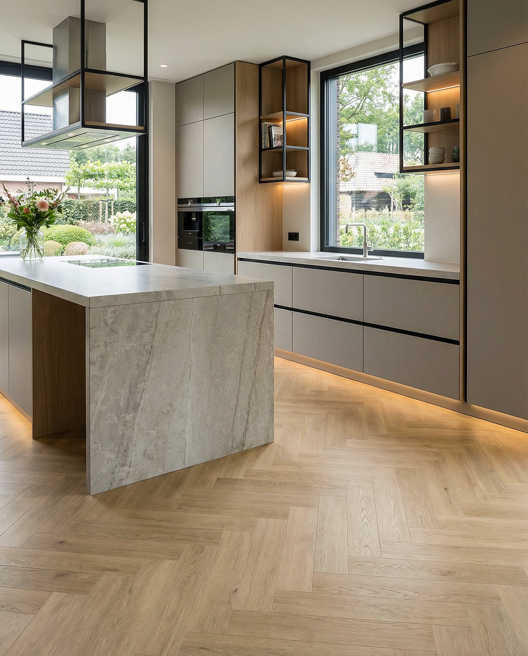 keuken, eiland, marmeren oppervlakte, houten vloer, inbouwapparatuur