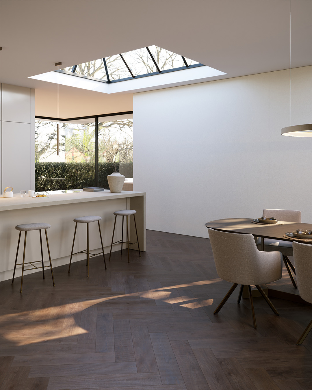 keuken, barstoelen, houtenvloer, eetkamer, dakramen