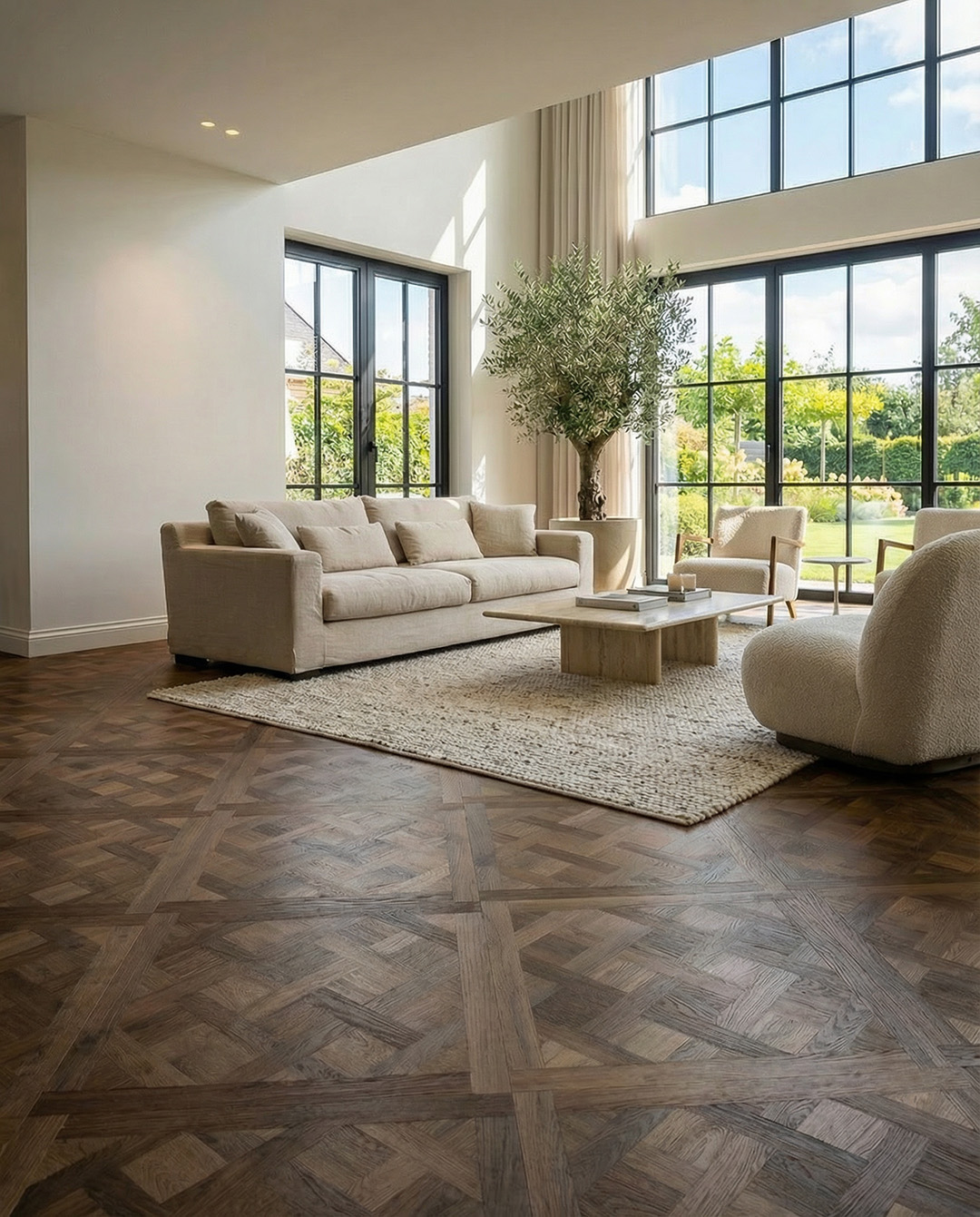 woonkamer, bank, vloerkleed, salontafel, parketvloer