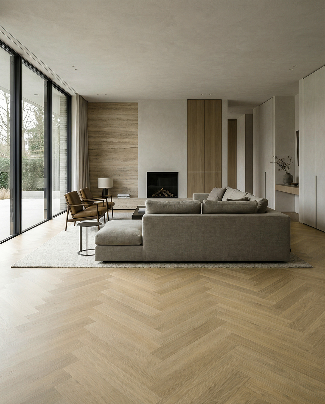 wohnzimmer, sofa, kachelhaard, houten vloer, minimalistisch